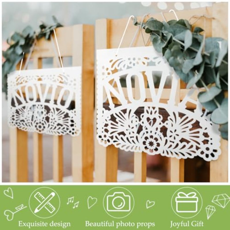 Novio and Novia Mr and Mrs Wedding Chair Signs tions 13 x 11 Inch Mexican Papel Picado Seating Signs Bride and Groom Chair Banners for Wedding Decor - Image 5