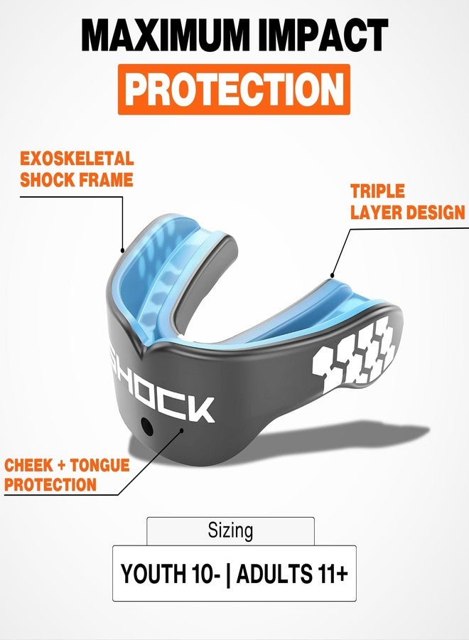 شوك دكتور واقي فم Shock Doctor للرياضات المختلفة: الهوكي، اللاكروس، البيسبول، والمصارعة. يوفر حماية فائقة بتقنية Gel Max، ومقاسات مخصصة. واقي فم لكرة القدم الأمريكية مزود بحزام، متوفر للبالغين والشباب. - Image 2