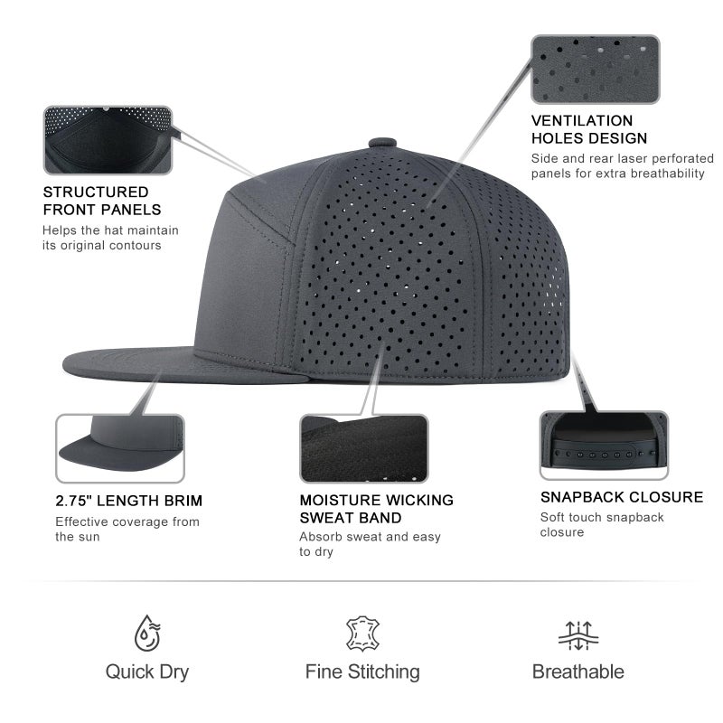 FEINION Men Flat Brim Adjustable Performance Hat Snapback Laser Perforated Baseball Cap (Dark Grey) - Image 3