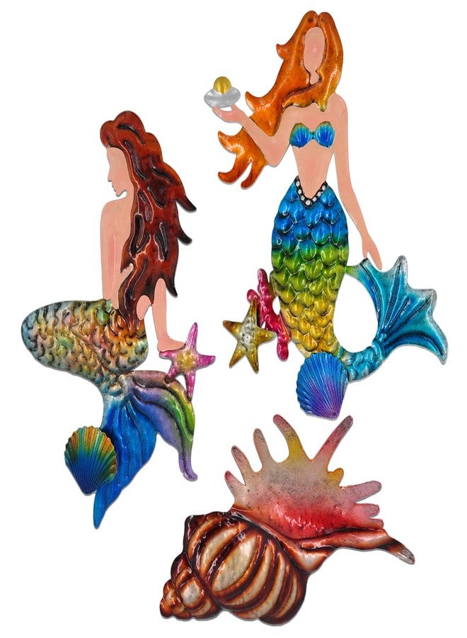 Tuokiuhn Metal Mermaid Conch Wall Decoration Mermaid outdoor Wall Art Set of 3 - Image 1