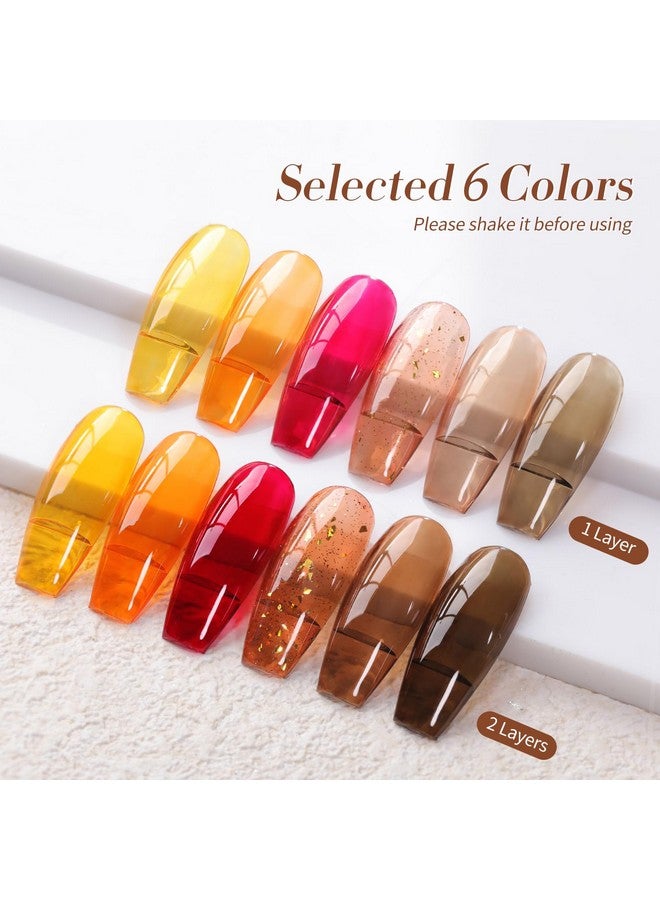 Born Pretty Jelly Gel Nail Polish Sheer Crystal Transparent Gel Polish Set Fall Winter Translucent Clear Gel Polish Red Coral Burnt Orange Grey Amber Brown 6 Colors Manicure Kit - Image 4