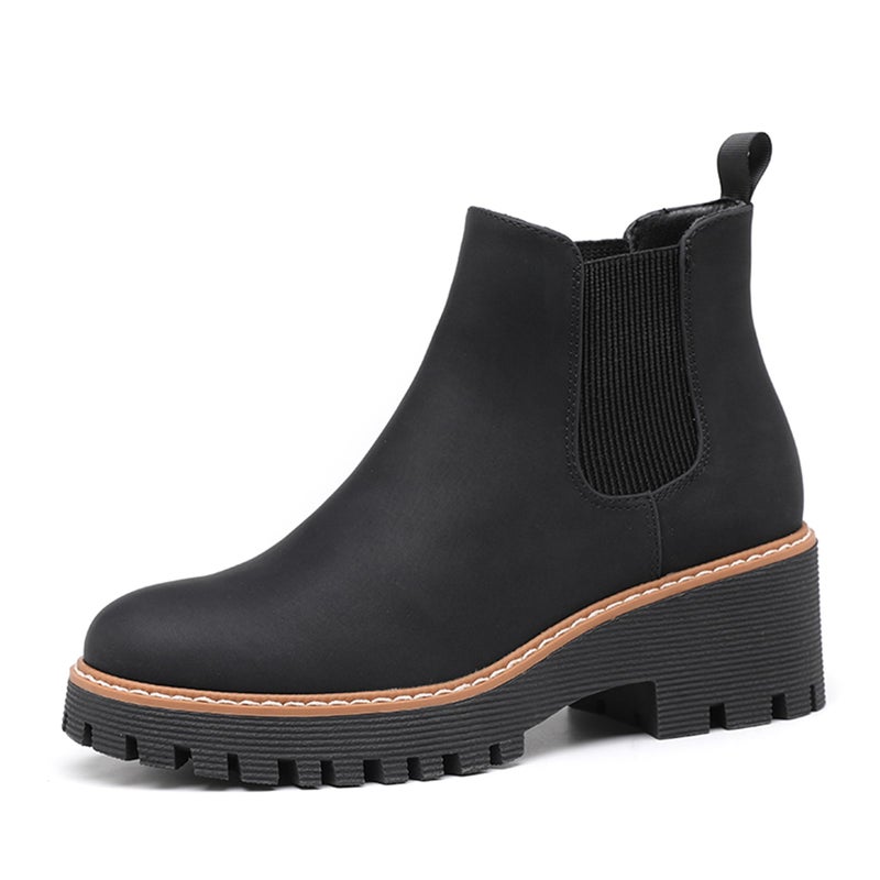 DECARSDZ Womens Black Chunky Platform Chelsea Boot With Elastic Low Wedge Heel Slip On For Fall Work Suede Leather Classic Style Ankle Boots Women - Image 1