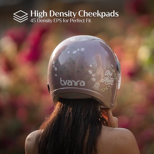 TVARRA Lotus Women’s Open Face Helmet with Printed Design, ISI Certified, Lightweight Material, Crafted for Women, Extreme Comfort fit with Clear Visor (Rose Gold,M) - Image 5