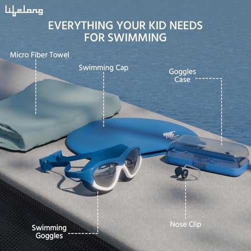 Lifelong Swimming Combo Kit for Kids 5+ Years,Swim Cap,Swimming Goggles with Earplug Attached,Noseclip & Microfibre Towel,Easy Fit Swimming Accessories,Waterproof Swimming Cap,Anti-Fog Glasses,Blue - Image 3