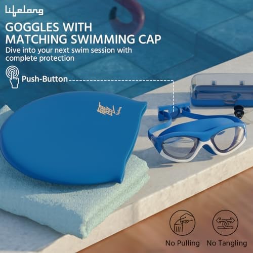 Lifelong Swimming Combo Kit for Kids 5+ Years,Swim Cap,Swimming Goggles with Earplug Attached,Noseclip & Microfibre Towel,Easy Fit Swimming Accessories,Waterproof Swimming Cap,Anti-Fog Glasses,Blue - Image 2