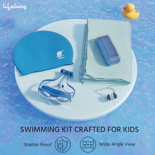 Lifelong Swimming Combo Kit for Kids 5+ Years,Swim Cap,Swimming Goggles with Earplug Attached,Noseclip & Microfibre Towel,Easy Fit Swimming Accessories,Waterproof Swimming Cap,Anti-Fog Glasses,Blue - Image 4