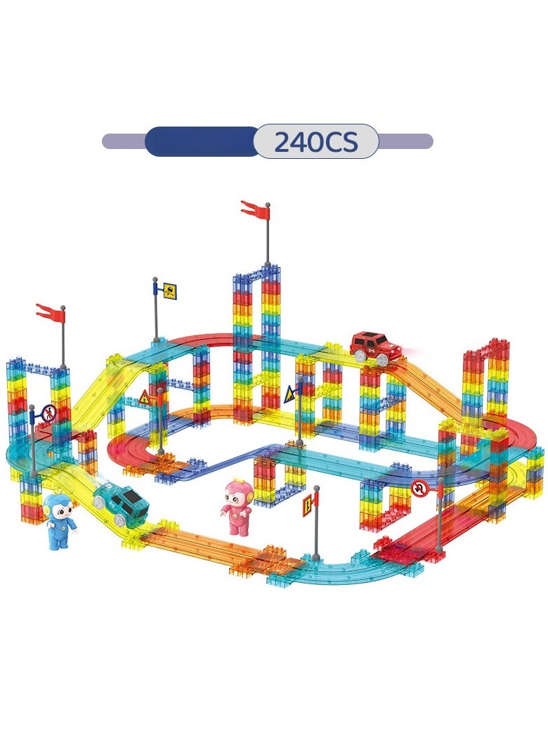 240PCS Magnetic Railcar Track Set – STEM Building Blocks with Electric Cars, Flags & Bridges – Colorful Educational Toy for Kids Ages 3+  - Image 1