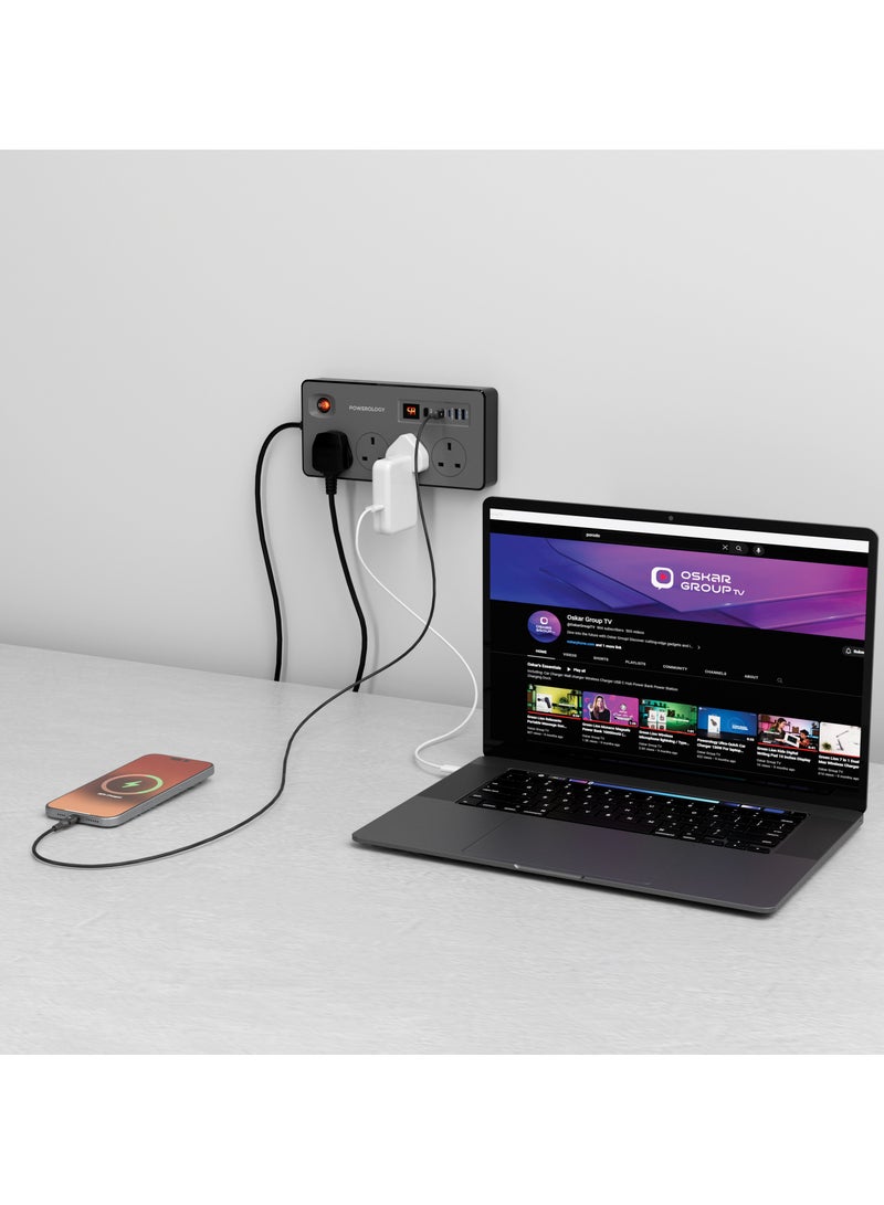 باورولوجي شريط طاقة بقدرة 2990 واط مزود بـ 4 منافذ تيار متردد، ومنفذي USB-A، ومنفذي USB-C PD، وواقي من زيادة التيار، وسلك تمديد شديد التحمل بطول 2 متر، وحماية من الحمل الزائد، ومقبس متعدد قابل للتثبيت على الحائط للمنزل والمكتب والأجهزة الإلكترونية (أسود) - Image 2