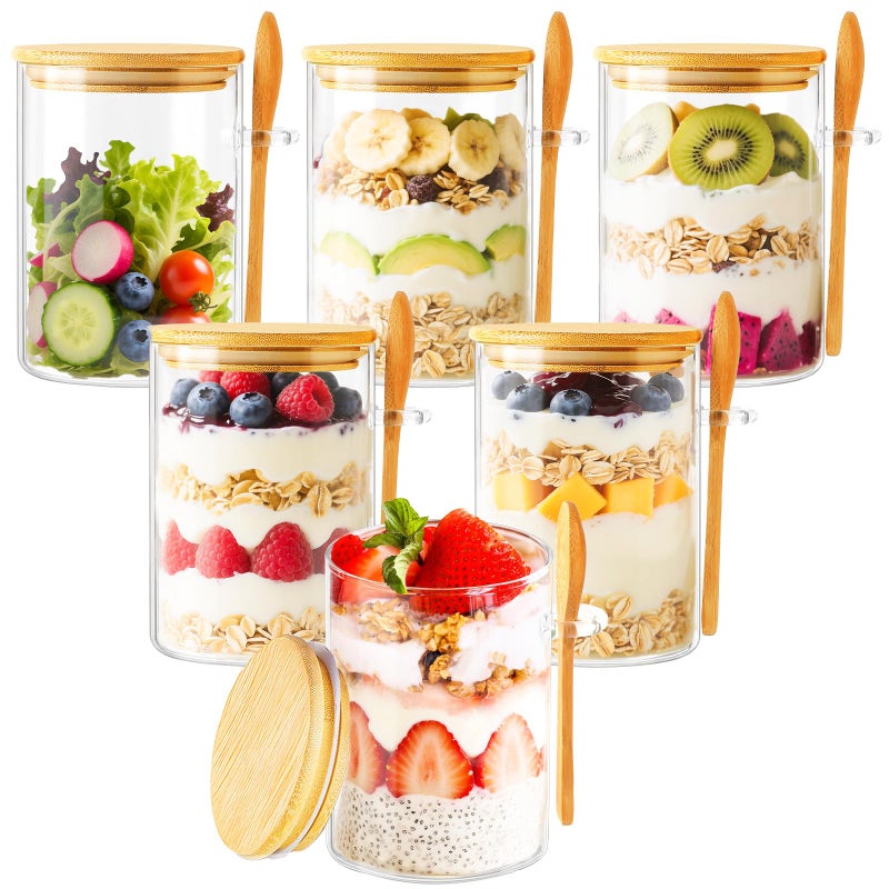 TBWIND 6 Pack Overnight Oats Containers with Lids and Spoons, 16oz Glass Jars with Bamboo Lids, Airtight Meal Prep Yogurt Containers for Breakfast, Parfait, Salad, Chia Pudding - Image 1