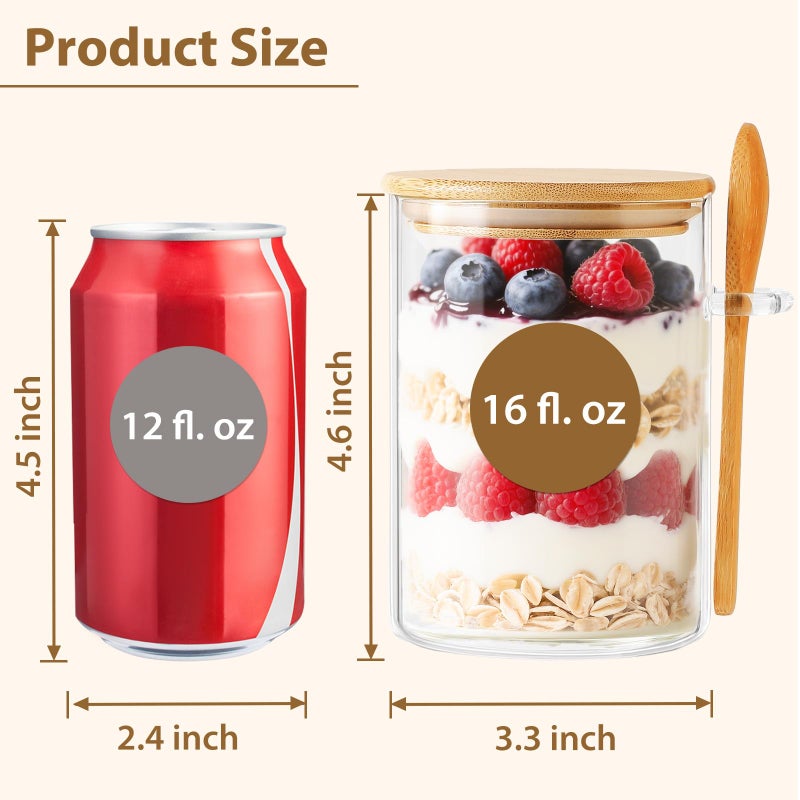 TBWIND 6 Pack Overnight Oats Containers with Lids and Spoons, 16oz Glass Jars with Bamboo Lids, Airtight Meal Prep Yogurt Containers for Breakfast, Parfait, Salad, Chia Pudding - Image 2