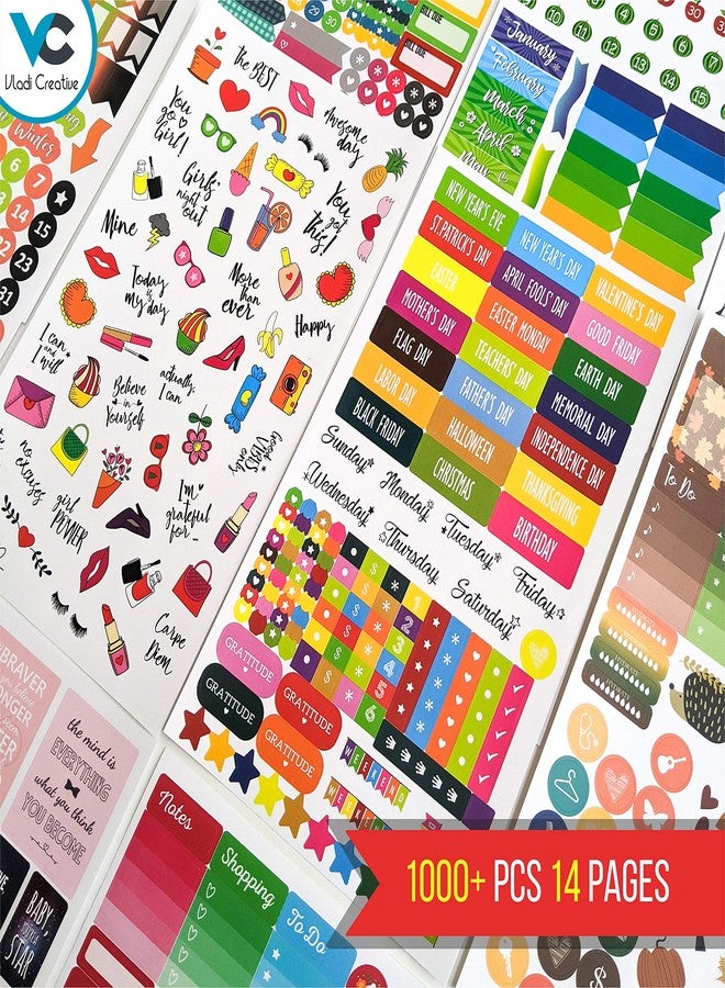Vladi Creative Cute Colorful Planner Stickers - 1054 pcs / 15 Sheets - Functional & Decorative Icons, Dates, Weather, Flags - Writable Tabs for Bullet Journals, Calendars - Planner Accessories - Image 5