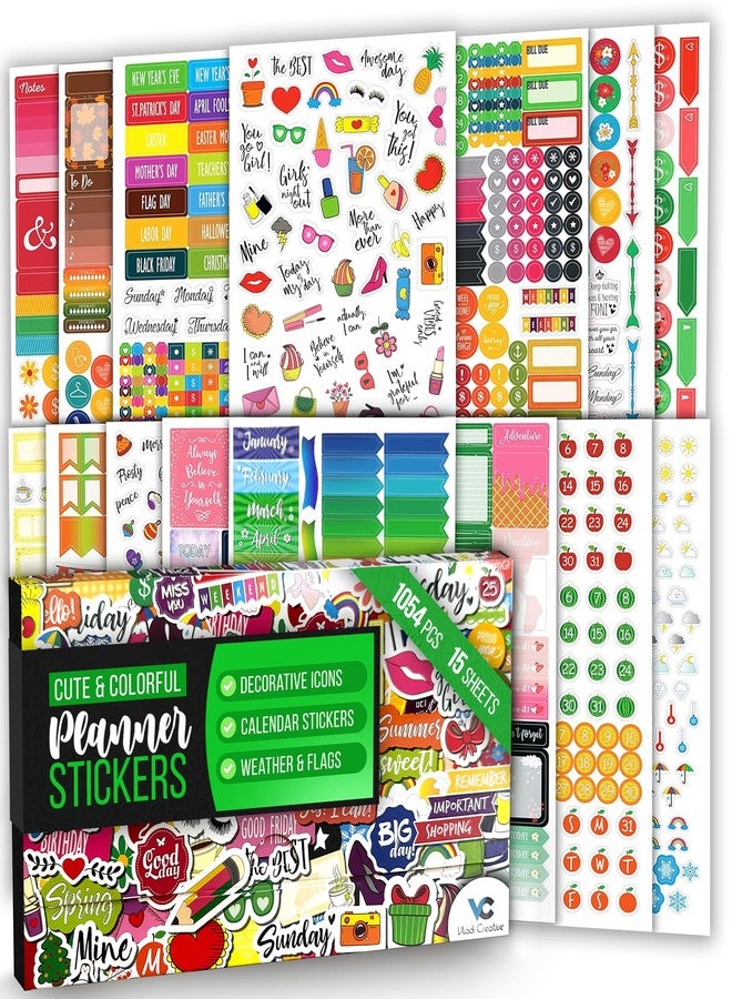 Vladi Creative Cute Colorful Planner Stickers - 1054 pcs / 15 Sheets - Functional & Decorative Icons, Dates, Weather, Flags - Writable Tabs for Bullet Journals, Calendars - Planner Accessories - Image 1