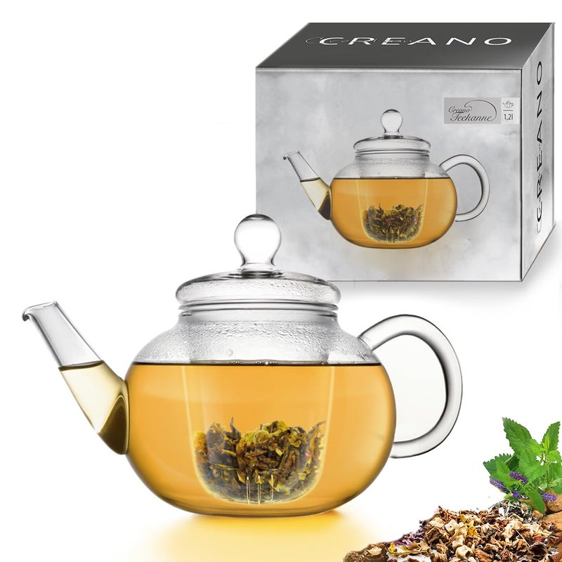 Creano Glass Teapot 12 L  Glass Teapot with Infuser and Lid  Ideal for Preparing Loose Teas  DripFree