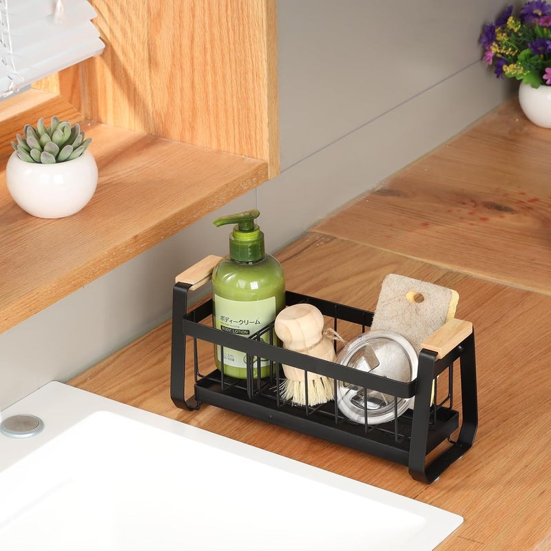 Enkis Sponge Holder for Kitchen Sink with Self Draining Tray, Carbon Steel Kitchen Sink Organiser, Dish Soap Dispenser Storage, Small Organiser for Kitchen Counter - Image 3