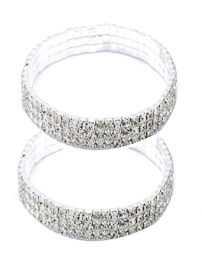 فوداتم سوار الكاحل المطاطي المرصع بأحجار الراين من فوداتم للنساء، سوار تنس فضي لامع، خلخال مرصع بالكريستال، سلسلة قدم (3 صفوف - قطعتان) - Image 1