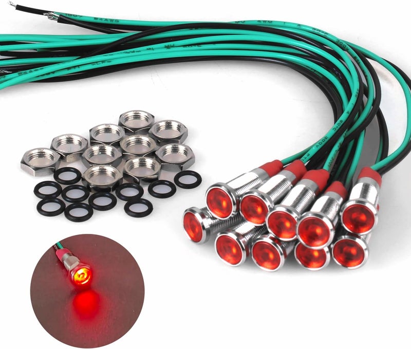 DMWD 10Pcs 6mm (1/4") 110V-220V Metal LED Indicator Light 20mA Wide Flat Head Waterproof Signal Lamp Pilot Dash Directional with Wire（Red LED) Affordable fast purchase options - Image 1