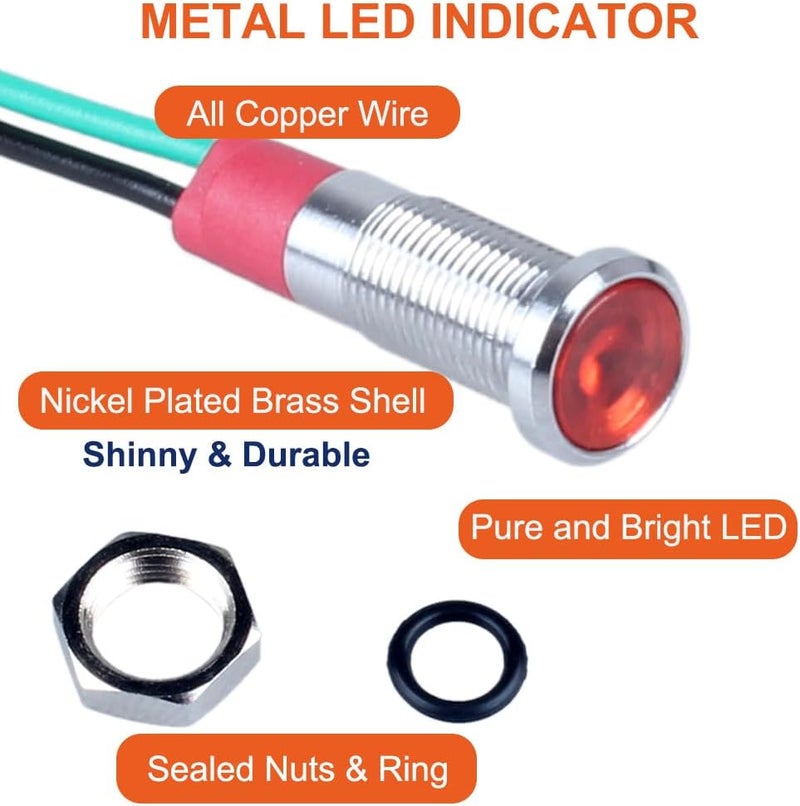 DMWD 10Pcs 6mm (1/4") 110V-220V Metal LED Indicator Light 20mA Wide Flat Head Waterproof Signal Lamp Pilot Dash Directional with Wire（Red LED) Affordable fast purchase options - Image 3
