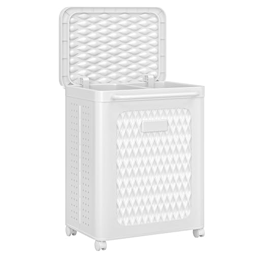 VECELO Rolling Laundry Hamper with Wheels and Lid, Foldable Plastic Laundry Basket with Handle, Rolling Divided Laundry Cart for Small Spaces, Laundry, Bathroom, Bedroom, White - Image 1