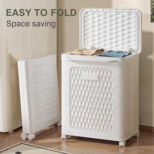 VECELO Rolling Laundry Hamper with Wheels and Lid, Foldable Plastic Laundry Basket with Handle, Rolling Divided Laundry Cart for Small Spaces, Laundry, Bathroom, Bedroom, White - Image 2