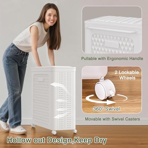 VECELO Rolling Laundry Hamper with Wheels and Lid, Foldable Plastic Laundry Basket with Handle, Rolling Divided Laundry Cart for Small Spaces, Laundry, Bathroom, Bedroom, White - Image 5