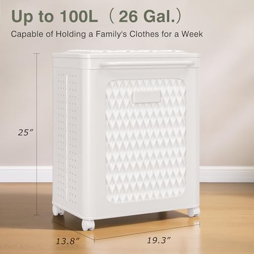 VECELO Rolling Laundry Hamper with Wheels and Lid, Foldable Plastic Laundry Basket with Handle, Rolling Divided Laundry Cart for Small Spaces, Laundry, Bathroom, Bedroom, White - Image 3