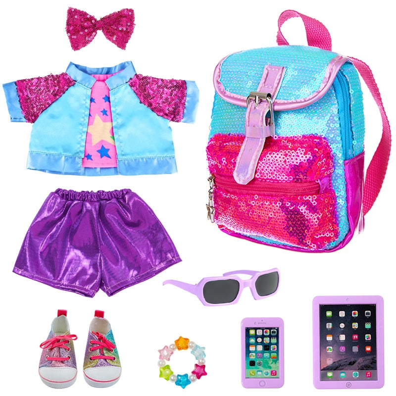18INDC American 18 Inch Doll Clothes Set Accessories Kit 3Piece Outfits with Shoes Gradient Backpack Hair Clip Bracelet Sunglasses Toy Tablet Phone for Kids - Image 3