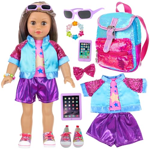 18INDC American 18 Inch Doll Clothes Set Accessories Kit 3Piece Outfits with Shoes Gradient Backpack Hair Clip Bracelet Sunglasses Toy Tablet Phone for Kids - Image 5