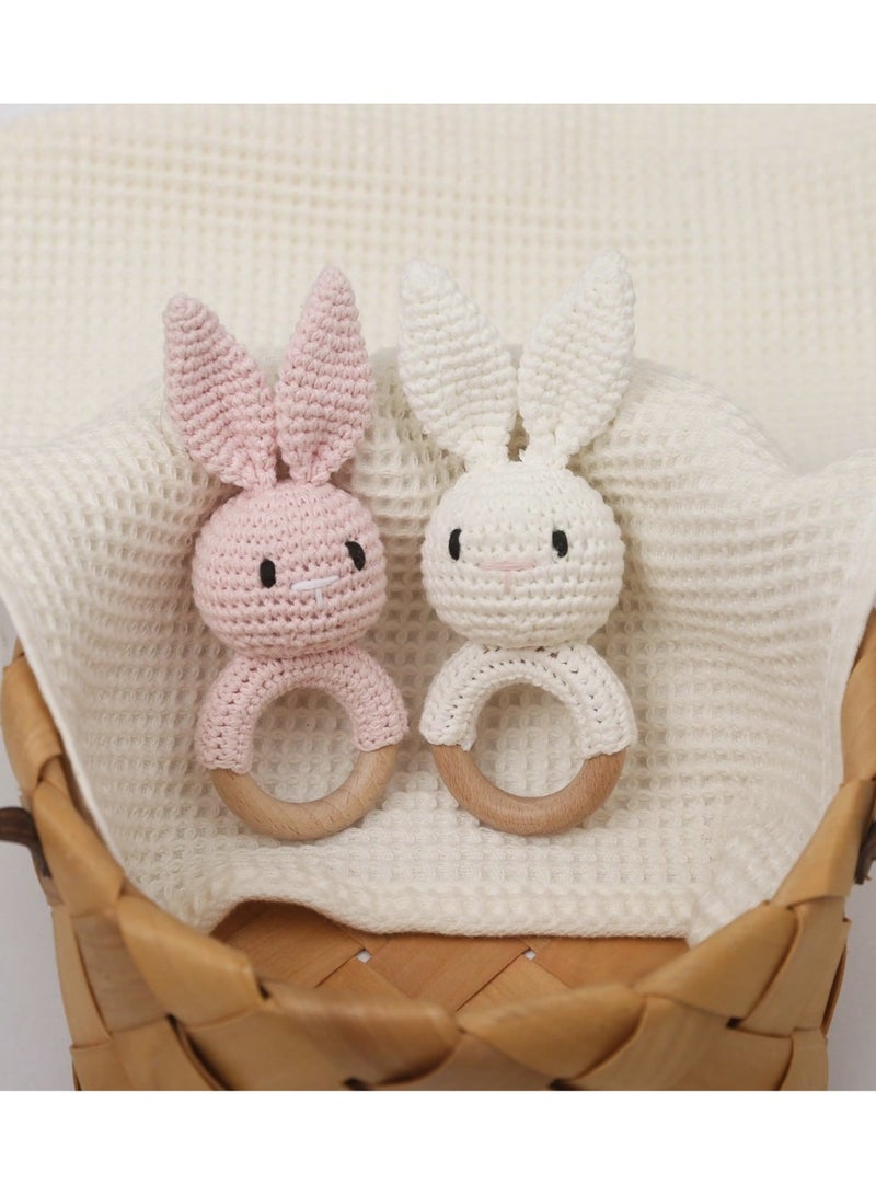 شراء جوي قطعتان من ألعاب خشخيشة التسنين للأطفال من عمر 0 ​​إلى 6 أشهر، خشخيشة خشبية على شكل أرنب للأطفال مصنوعة يدويًا بالكروشيه، خشخيشة خشبية للأطفال، ألعاب أطفال خشبية عضوية محشوة للأطفال حديثي الولادة - Image 1