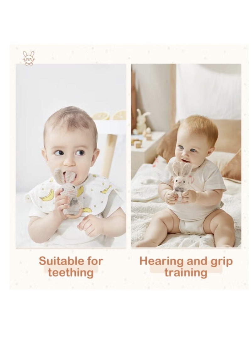 شراء جوي قطعتان من ألعاب خشخيشة التسنين للأطفال من عمر 0 ​​إلى 6 أشهر، خشخيشة خشبية على شكل أرنب للأطفال مصنوعة يدويًا بالكروشيه، خشخيشة خشبية للأطفال، ألعاب أطفال خشبية عضوية محشوة للأطفال حديثي الولادة - Image 2