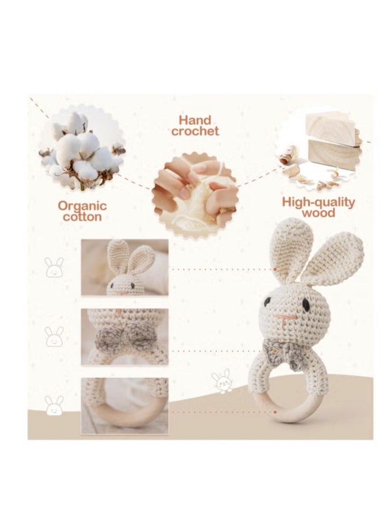 شراء جوي قطعتان من ألعاب خشخيشة التسنين للأطفال من عمر 0 ​​إلى 6 أشهر، خشخيشة خشبية على شكل أرنب للأطفال مصنوعة يدويًا بالكروشيه، خشخيشة خشبية للأطفال، ألعاب أطفال خشبية عضوية محشوة للأطفال حديثي الولادة - Image 3