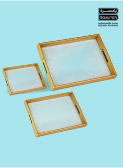 BASURRAH Beige Rectangular Serving Tray Plate Set with Plastic Glass Bottom 3 Pieces  - Image 1