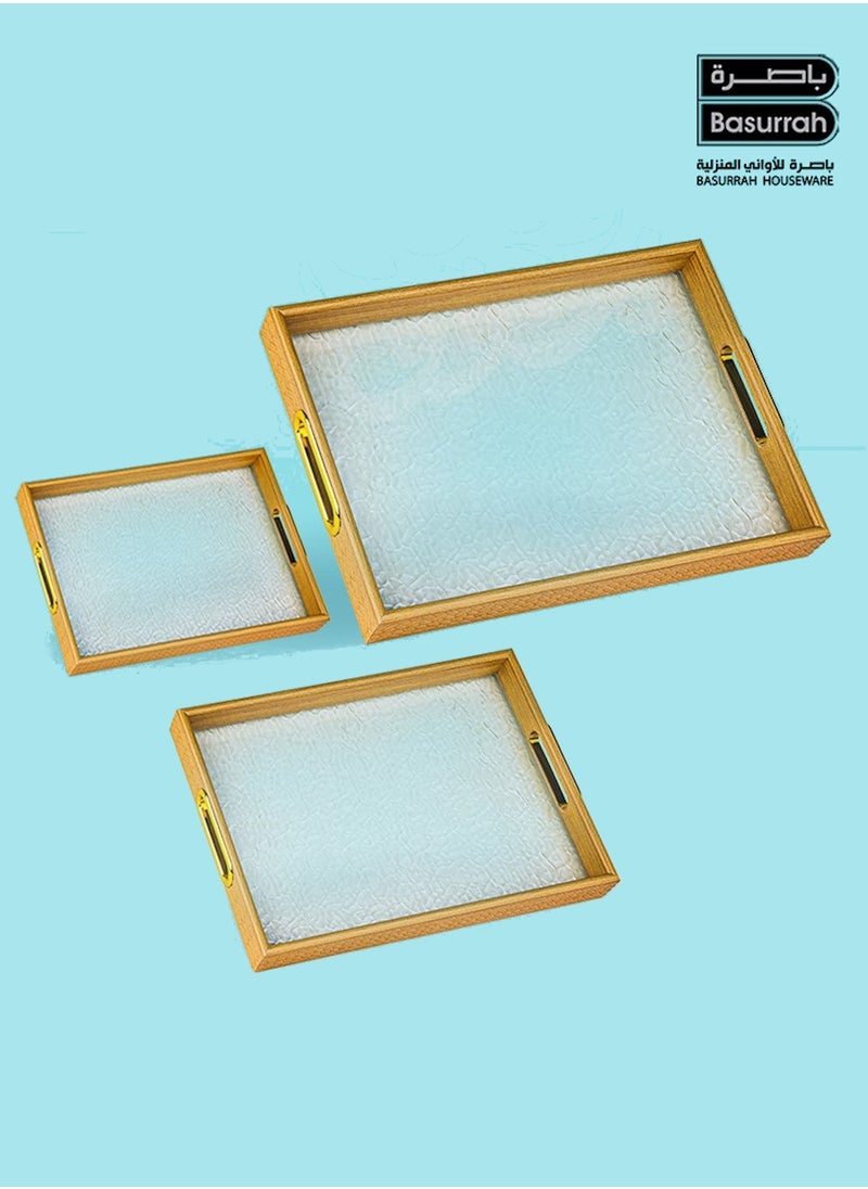 BASURRAH - Beige Rectangular Serving Tray Plate Set with Plastic Glass Bottom 3 Pieces - Image 1