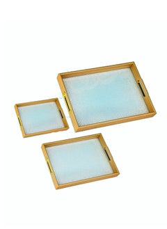 BASURRAH Beige Rectangular Serving Tray Plate Set with Plastic Glass Bottom 3 Pieces  - Image 2