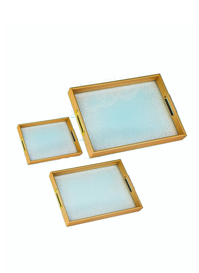 BASURRAH - Beige Rectangular Serving Tray Plate Set with Plastic Glass Bottom 3 Pieces - Image 1