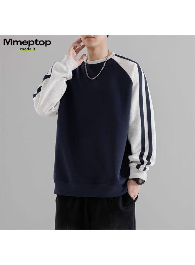 Mmoptop American High Street Striped Contrasting Color Sweatshirt For Men, Loose-fitting Base Layer Top For Spring And Autumn, 8891 Navy Blue S - Image 4