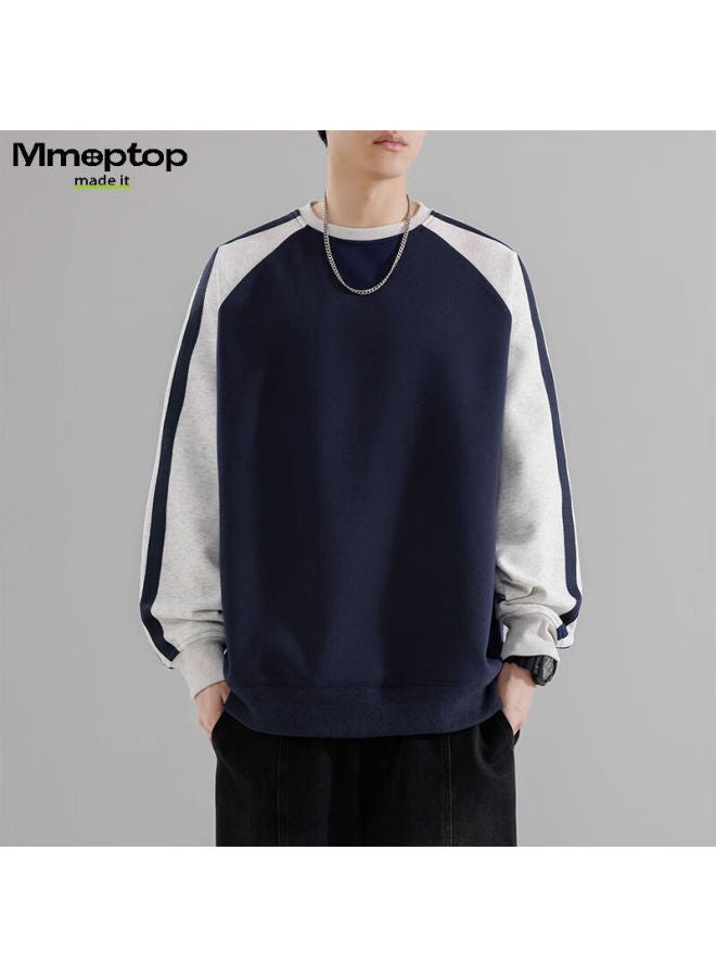 Mmoptop American High Street Striped Contrasting Color Sweatshirt For Men, Loose-fitting Base Layer Top For Spring And Autumn, 8891 Navy Blue S - Image 5