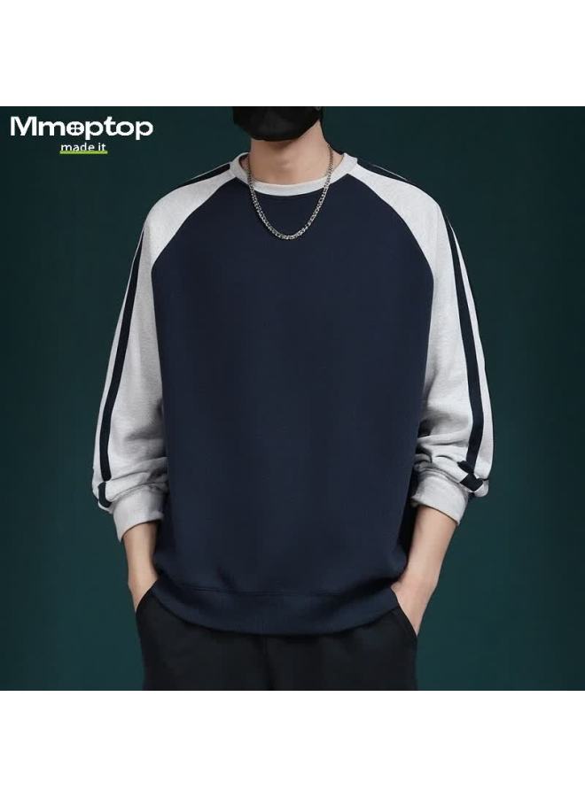 Mmoptop American High Street Striped Contrasting Color Sweatshirt For Men, Loose-fitting Base Layer Top For Spring And Autumn, 8891 Navy Blue S - Image 1