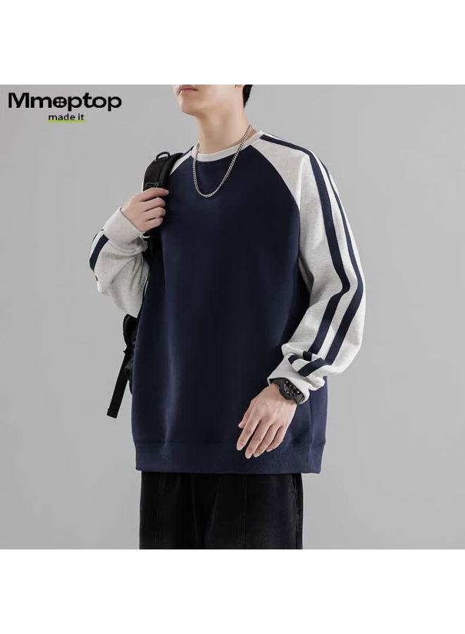 Mmoptop American High Street Striped Contrasting Color Sweatshirt For Men, Loose-fitting Base Layer Top For Spring And Autumn, 8891 Navy Blue S - Image 2