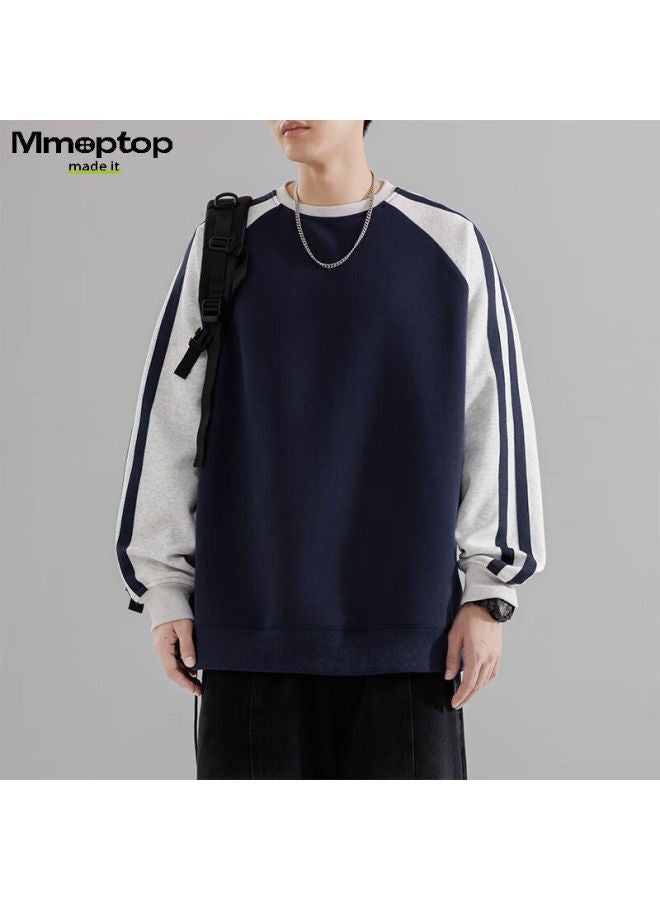 Mmoptop American High Street Striped Contrasting Color Sweatshirt For Men, Loose-fitting Base Layer Top For Spring And Autumn, 8891 Navy Blue S - Image 3
