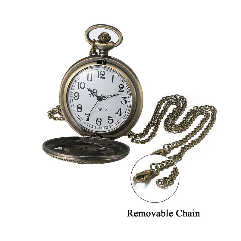 JewelryWe Retro Bronze Flower Openwork Cover Quartz Pocket Watch with 32.3 Inch Chain - Image 2