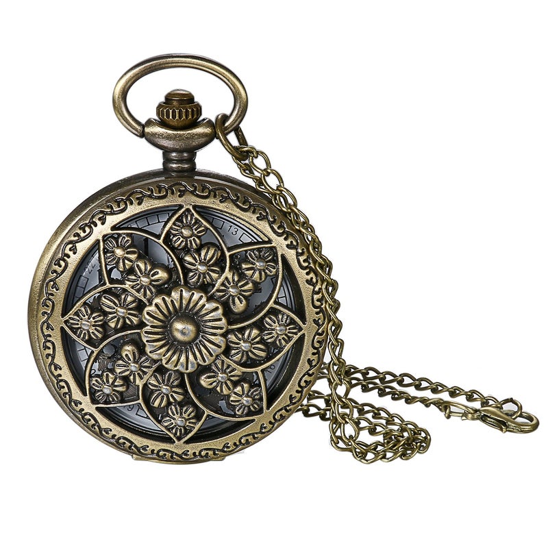 JewelryWe Retro Bronze Flower Openwork Cover Quartz Pocket Watch with 32.3 Inch Chain - Image 1