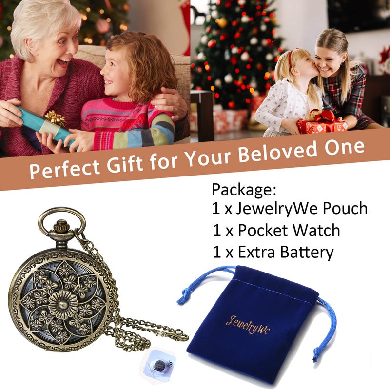 JewelryWe Retro Bronze Flower Openwork Cover Quartz Pocket Watch with 32.3 Inch Chain - Image 3