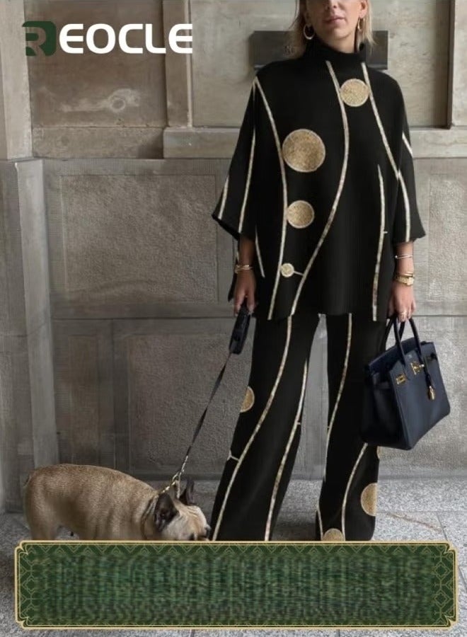 REOCLE Women's 2 Piece Outfit Printed Vertical Collar Jacket Straight Tube Slacks Suit Set with Pockets Elegant Pant Suits - Image 1