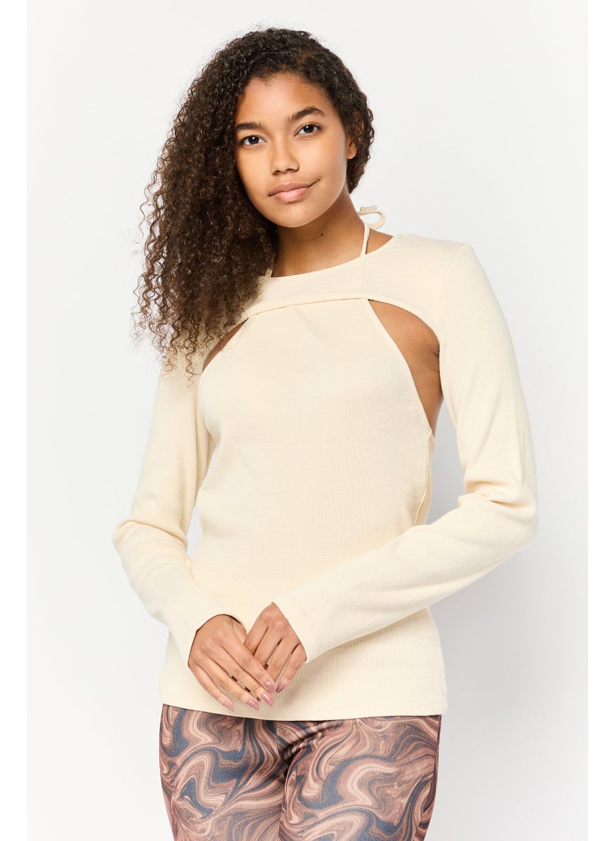 TOPSHOP Women 2 Pieces Round Neck Long Sleeve Ribbed Tops, Stone  - Image 1