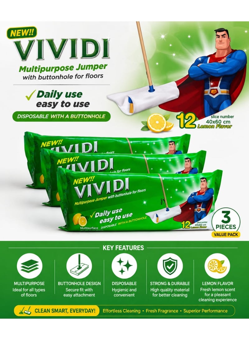 أوراق غيار ممسحة VIVIDI متعددة الاستخدامات وتُستعمل لمرة واحدة – برائحة الليمون، مناديل تنظيف الأرضيات | عبوة اقتصادية (3 عبوات، تحتوي كل منها على 12 ورقة) - Image 1