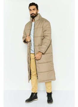 Men Solid Puffer Jacket, Tan