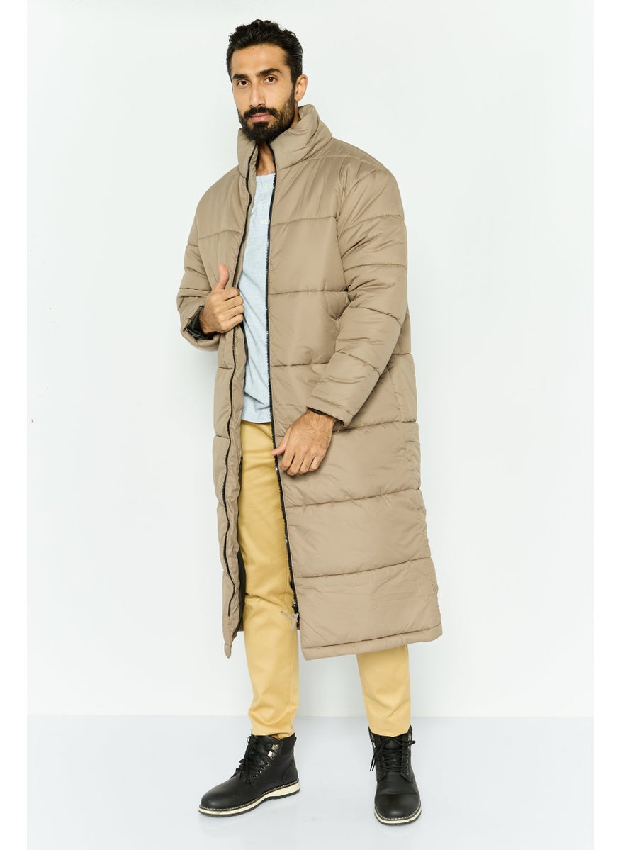 Another Influence - Men Solid Puffer Jacket, Tan - Image 1
