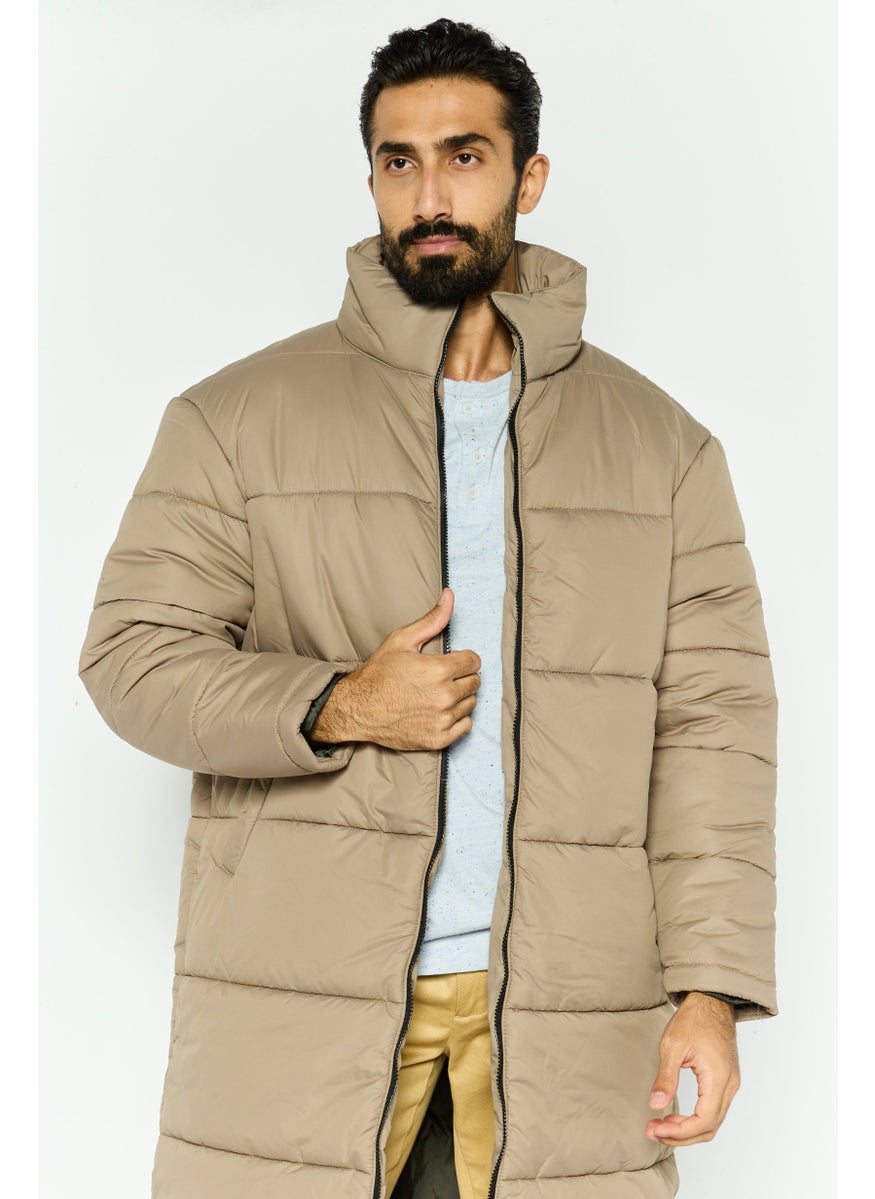 Another Influence - Men Solid Puffer Jacket, Tan - Image 1