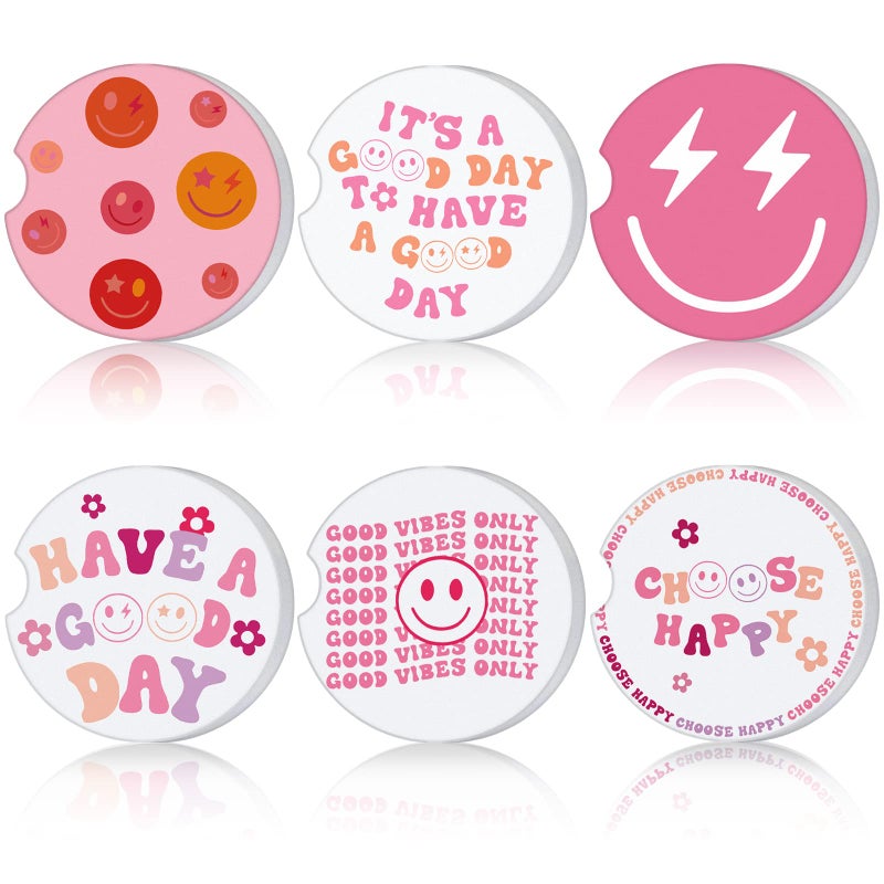 Zubebe 6 Pcs Car Coasters Pink Car Cup Holder Preppy Accessories for Women Absorbent Cup Coaster with Finger Notch Cute Smile Drink Mat Gifts for Girl Students