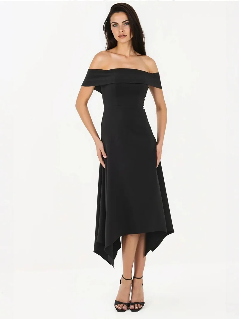 زوبعة فستان ميدي بكتف مكشوف وخط